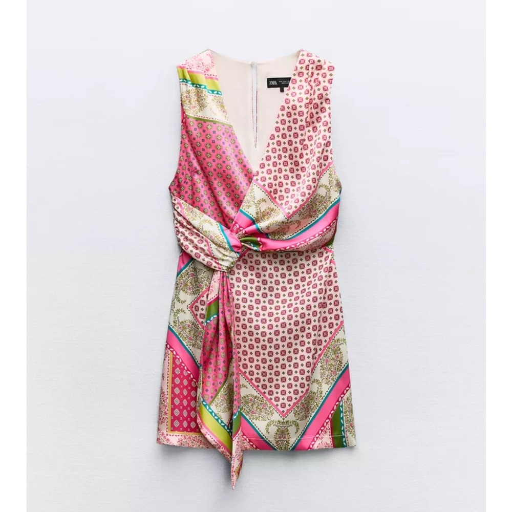 Zara Patch work print Pink and Green Mini Dress Xs
